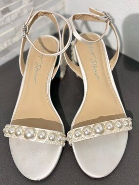 Betsey Johnson Tina Pearl Block Heel Sandals.